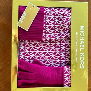 Michael Kors Circle Logo Scarf, Hat, Glove Set, Camel/Cream